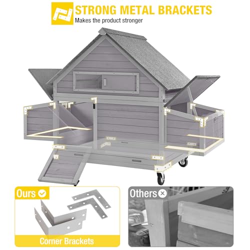 Aivituvin 63.7" Large Chicken Coop on Wheels – Movable Wooden Hen House for 3-6 Chickens with 2 Nesting Boxes, Removable Tray & Raised Design for Better Poultry Care - size: 67.3"L x 40.0"W x 49.8"H