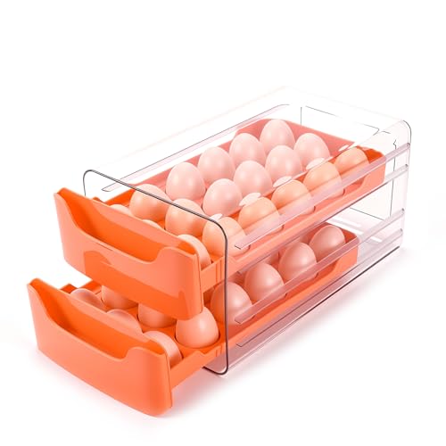 Egg-Holder for Fridge, Fits Small to Large Eggs, Orange | 36 Egg-Storage for Refrigerator Countertop, 2 Tier Dispenser with Drawer, Stackable Clear Egg Tray Container - size: 2 Tier-Orange