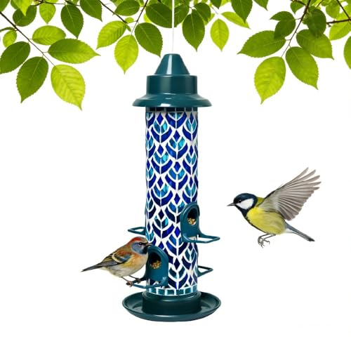 Lily's Home Blue Mosaic Tube Bird Feeder - Attracts Small Birds - 4 Feeding Ports, 3 or 4 Cups Capacity & 6'' Hanging Wire - Tube Bird Feeders for Outdoors Garden - Easy Refill - Twist-Off Cap - color: Blue