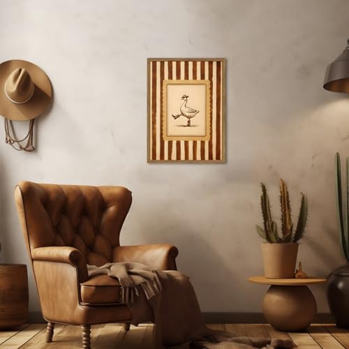 Funny Cowboy Goose Wall Art Silly Western Dancing Goose Wall Decor Painting, Whimsical Cute Stripe Animal Poster Canvas Print Picture for Living Room Bedroom 12x16 inch Wood Framed - color: Cowboy Goose, size: 16"L x 12"W
