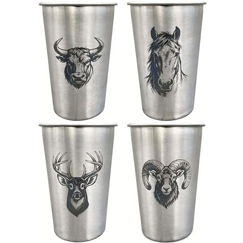 4 Pack 16oz Conical Stainless Steel Cups - Laser Engraved Animals, Stackable Durable Metal Cold Drink Cups for Parties & Outdoor Events (Bull/Horse/Deer/Ram) - color: Wild Animal 2