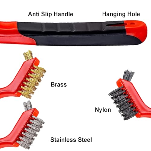 YiwerDer 3Pcs Mini Wire Brush Set, Stainless Steel/Brass/Nylon Bristles Wire Brushes, Curved Handle Soft Grip for Rust, Dirt & Paint Scrubbing with Deep Cleaning – 7 Inches (Red) - style: 3Pcs Red Mixed Brushed