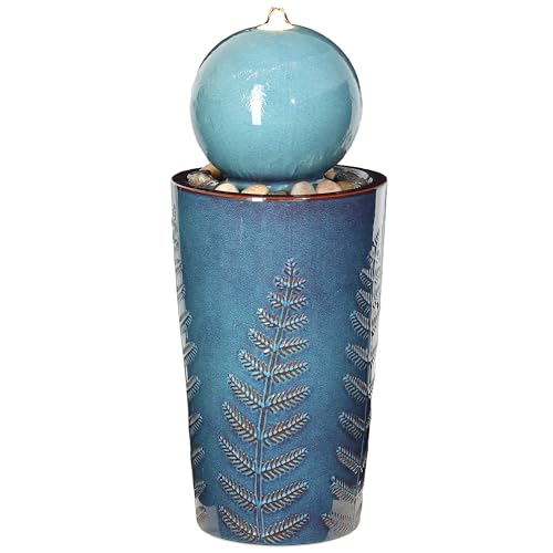 Autodaya 30" Sphere Outdoor Water Fountain, Teal Blue Ceramic Glaze | Modern Nature-Inspired Design with Leaf Patterns & Pebbles, Soothing Trickling Water Feature for Patio, Yard, Garden, Porch - color: 29.5"h-sphere Teal Blue Glaze