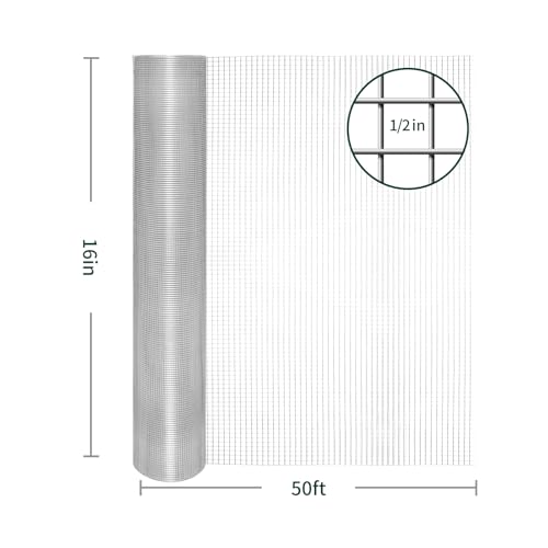 Hardware Cloth 1/2In 16inx50ft 19 GA Chicken Wire Fencing Roll | Double-Layer Hot-dip galvanized, welded wire mesh. For poultry netting, garden fencing, tree guards, animal enclosures. - size: 1/2inch 16inx50ft