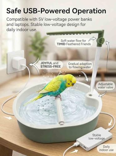 Automatic Parakeet Bird Bath with Pump,Adjustable Water Flow & Parrot Shower,USB Powered Bird Fountain Bathtub for Cage,Quiet Circulating Water System for Budgie,Lovebird (Green# L) - color: Green# L