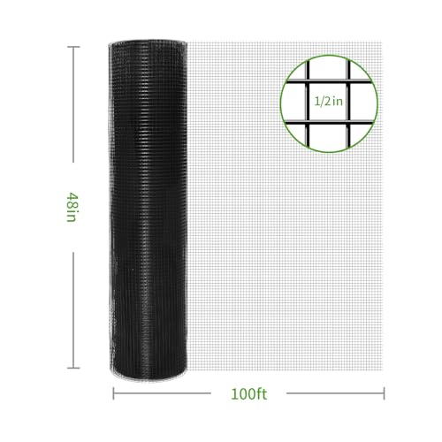 Black Hardware Cloth 1/2 inch, 19 Gauge 48inx100ft Chicken Wire Mesh Roll Vinyl Coated PVC Hardware Cloth Mesh for Poultry Netting, Garden Fencing, Tree Guard Rolls and Rabbit Cages Snake Fence - size: 1/2inch 48inx100ft