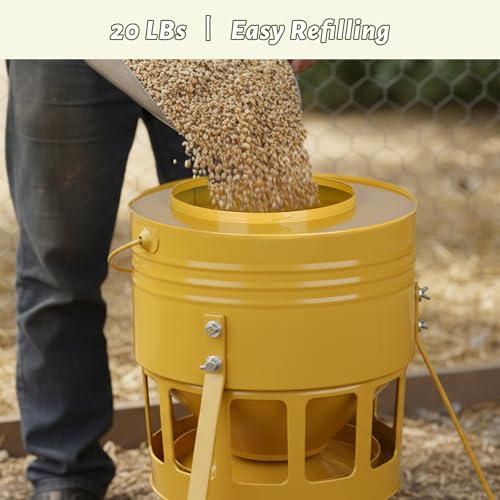 KOL Metal Chicken Feeder - 20lbs No Waste Chicken Feeder with 12 Ports, Powder Coated Rust-Proof Design & Smooth Edges for Safe Feeding (Yellow) - color: Yellow