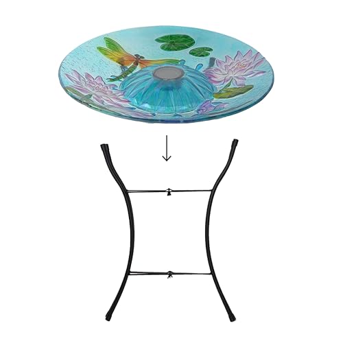 Teamson Home Handpainted Dragonfly Fusion Glass Solar Birdbath Bowl Feeder with LED Light for Outdoor Patio Garden Backyard Decking Decor, 21 Inch Height, Light Blue