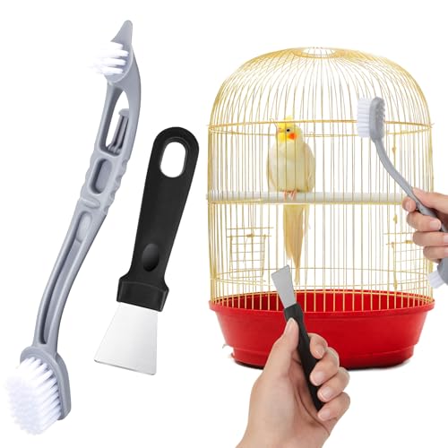Teenyyou 2 Pack Bird Cage Cleaning Brush & Scraper Set - Stainless Steel Bird Droppings Removal Tool, Long Handle for Parrot Cages, Pet Cages & Perch