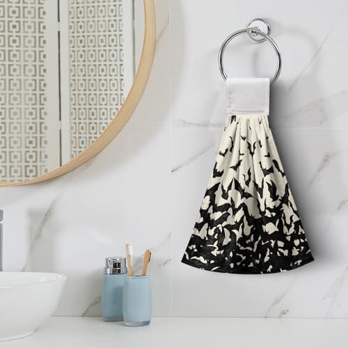 2 Pcs Halloween Black Bats Hanging Kitchen Towels Hand Towel with Hanging Loop Holiday Dish Tie Towel Soft Absorbent Fingertip Bath Towel for Bathroom Farmhouse Decor - color: Halloween Bats