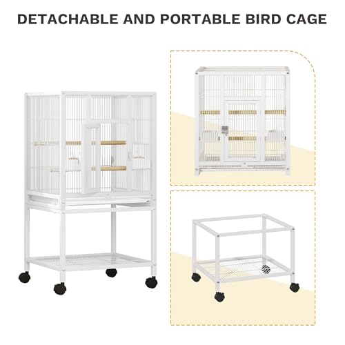 DWVO 41-inch Metal Bird Cage: Large Parrot Cages with Rolling Stand - Features Tray, Food Boxes & Wooden Perches for Parakeets, Lovebirds, Cockatiels, Finches and Pigeons, White - color: White, size: 19.0"L x 18.1"W x 40.5"H