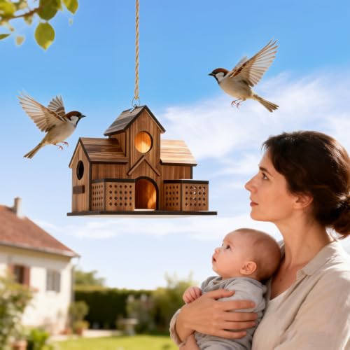Wooden Bird Houses for Outside Outdoor 3 Hole Large Bird House with 2 Front Feeders Easy Access Cleaning Doors Martins Bluebirds Finches Cardinals Sparrows Chickadees Garden Patio& Yard