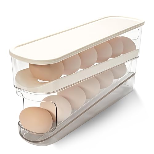 Rolling Egg Holder for Fridge, Egg Dispenser for Refrigerator, Automatic Rolling Storage Container for Countertop, Kitchen & Outdoor Use (3.35"x5.59"x11.92") 1 Pack - color: Cream white