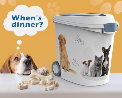 DRATO Pet Food Storage Container with Wheels 30LB Capacity | Resin, Slow Feeder Bowl and Scoop, Easy to Move, Keep Food Fresh, For Dogs, Cats, Birds - color: Blue