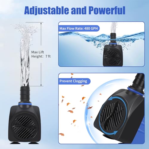 AQUANEAT Fountain Pump, 480 GPH Submersible Water Pump with 5 ft Tubing, for Aquarium Fish Tank, Pet Water Fountain, Hydroponics, Pond Waterfall Filter Pump - size: 480 GPH