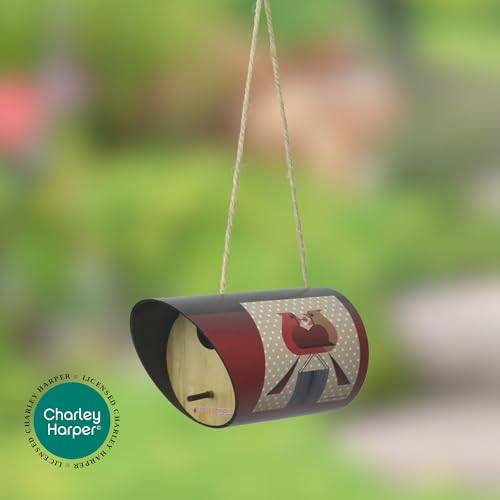 Red Carpet Studios Birdhouse Charley Harper Mid-Century Style Birdhouse for Chickadees, Nuthatches, Titmice, & Warblers Cylinder Bird House, 8" Long, Red Bird's Romance - color: Red Bird's Romance