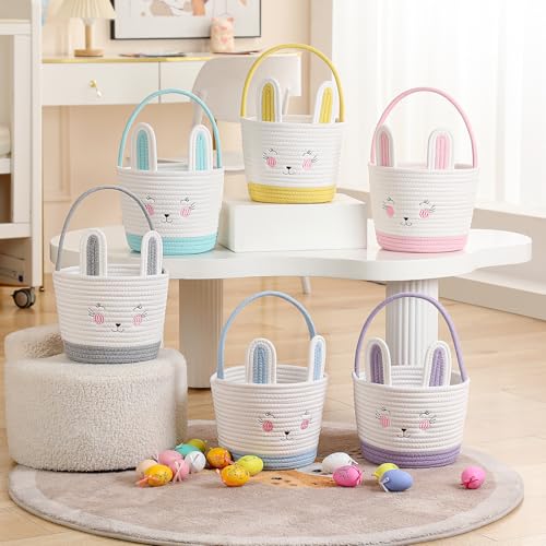 Easter Baskets for Easter Egg with Handle Woven Empty Hunt Boys' Lovely Bunny Rabbit Colorful Woven Basket First Easter Gifts for Boys, Babies, Kids, and Children (Blue) - color: Blue