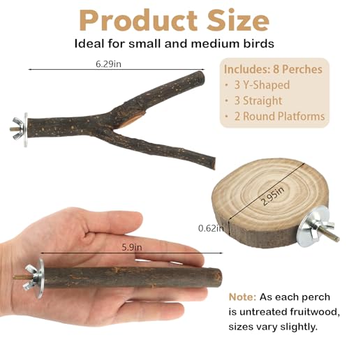 8PCS Bird Perches for Cage Natural Wood Parrot Perch Stand Cage Accessories | Multi-Branch Platform with Fork Toys, Birds Perch Toy for Parakeet Cockatiel Budgie Conures Lovebirds