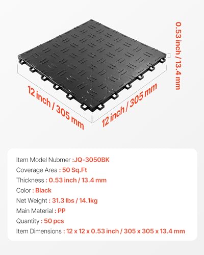 VEVOR Garage Floor Tiles 12 x 12 x 0.53 inch, Interlocking Design Ease of Installation Double-Sided Texture Non-Slip Sturdiness, for Garages, Basements, Repair Shops, Black, 50 Pack | Easy Installation Double-Sided Texture Non-Slip Sturdiness, Polypropyle
