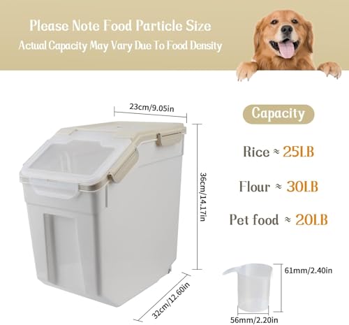 25LB Large Flour Storage Container Bin,4 Pack Airtight Plastic with Wheels Seal Locking Lid Dispenser Organizer Storage Bin with Measuring Cup & Scoop for Flour, Rice, Grain 100LBS Total，Grey - color: Grey/30lbs,4counts