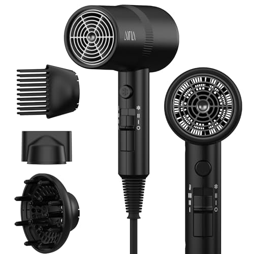 AINA Hair Dryer with Diffuser,Comb Full-Featured Blow Dryer 110V(Black) | 3 Heat/2 Speed;Cold shut button;Lightweight;Compact Size;High Temp;Low Airflow;Same Results;Less Expense - color: Vader Black, size: 4 Piece