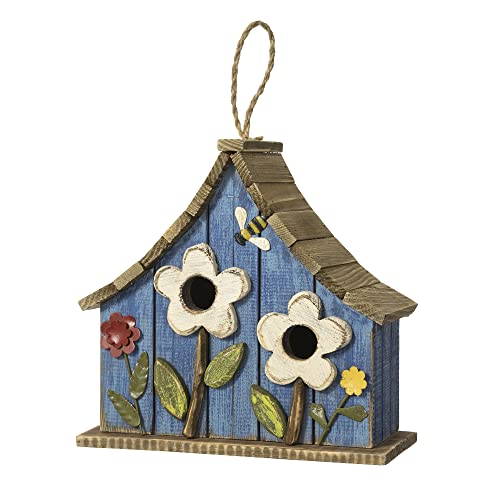 Glitzhome Hanging Birdhouses for Outdoors, 10.75" L Distressed Solid Wood Birdhouse Bird Nesting Box with 3D Flowers Rustic Hand-Painted Bird Houses for Outside - color: 3D Flowers Washed Blue