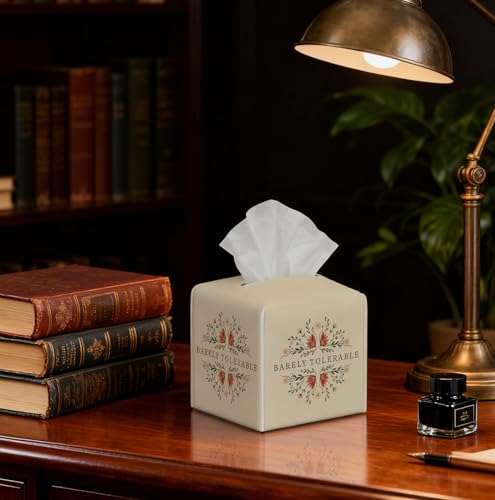 Literary Masterpieces Tissue Box Cover, “Barely Tolerable ”Pride and Prejudice 5.2 Inch Square PU Leather for Bookworms，Funny Bookish Decor Gift for Literature Lovers - color: White Decoration Theme-09