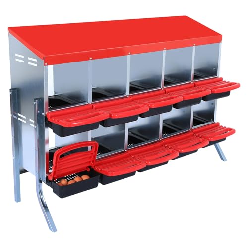 Chicken Nesting Box 10-Compartment – Roll Away Laying Boxes for Hens with Lid Cover & Egg Protection – Heavy Duty Red Poultry Nest Box - color: Red, size: 59.1"L x 23.6"W x 35.4"H