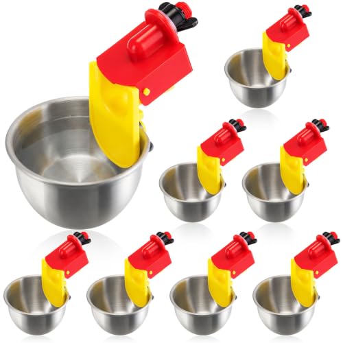 8 Pack Heavy Duty Auto Fill Metal Chicken Waterer Cups, Stainless Steel Freeze Leak Proof Poultry Rabbit Watering System Fits 5 Gallon Bucket and 3/8'' Hole Saw(Round Style) - style: Round Style