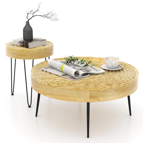 COSTWAY Farmhouse Round Coffee Table Set of 2, Rustic Sofa Side Tea Tables w/Wood Finish, Metal Frame, Adjustable Foot Pads, Nesting End Table Set for Living Room, Bedroom (Ring Pattern, Natural) - color: Natural, style: Ring Pattern
