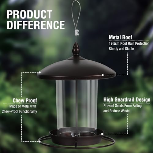 Metal Bird Feeder for Outdoors Hanging,3.0LB Seed Feeder,Easy to Fill & Clean,360° Feeding,Weatherproof Roof for Gardens and Wild Birds,Brown - color: Brown