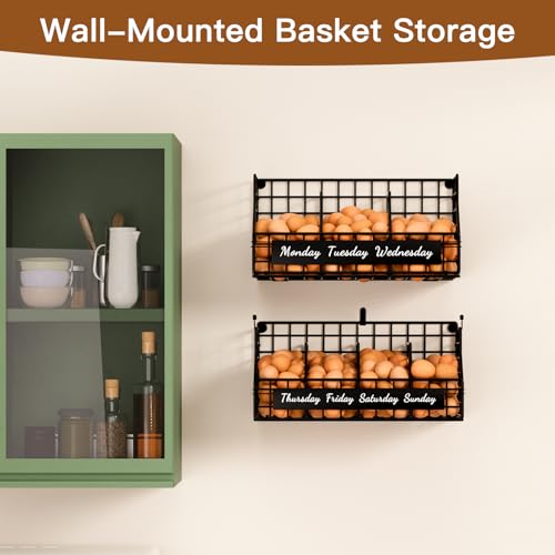 Egg Basket, Stackable Wall Mount Egg Holder Countertop with Weekday Labels | Rustproof carbon steel basket with adjustable dividers, ideal for backyard poultry, small kitchen & pantry storage, Black - color: Black, size: 2-Tier（with printed labels）