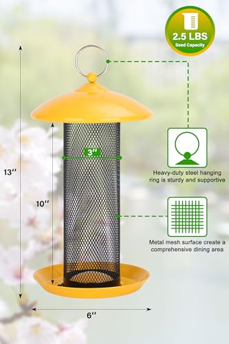 Gtongoko Finch Feeders for Outside All Metal Mesh Tube Bird Feeder Yellow | 2.5 LB Hanging Bird Feeder for Nyjer & Thistle Seed, Weather-Resistant Lid, Easy Refill & Cleaning, Closed Metal Ring - color: Yellow-0.24"