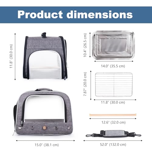Large Bird Carrier Cage, Portable Travel Carrier Bag with Standing Perches Metal Tray and Grate (Grey, Large Carrier) - color: Grey