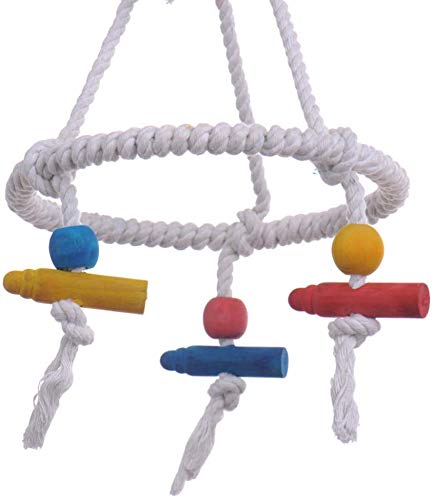 Litewoo Bird Parrot Cotton Swing Round Perch Stand with Chew Toy for Parakeet Budgie Cockatiel Finch Conure Canary Budgie | Natural cotton rope, trims beak, promotes balance & coordination, stand toy for small-medium birds/budgie/cockatiel/conure