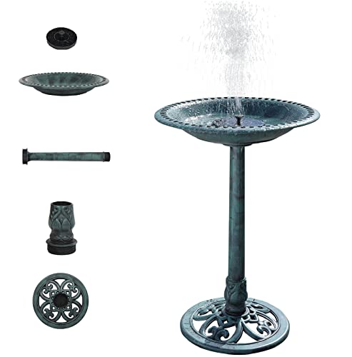 VINGLI Pedestal Bird Bath with Solar Fountain, Solar Pump Resin Birdbaths, Weather Resistant Bird Baths with Ground Stakes, Vintage Finish Garden Decor for Outdoor, Patio, Yard, Lawn(Green) - color: Green