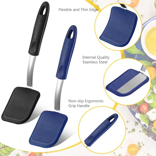Silicone Cookie Spatula Turner 2 Pack Mini Brownie Spatula Flexible Kitchen Small Silicone Turner for Nonstick Cookware Heat Resistant No Scratch Flipper for Egg(Solid Flat,Black,Blue) - color: Black,Blue