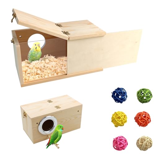 Large Parakeet Nesting Box,Transparent Parrot Breeding Box with Detachable Wooden Board Acrylic Visible Bird Cage House with Perch for Cockatiel Conure Budgie Lovebird Finch - size: [L]