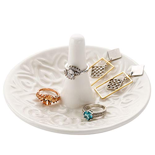 MyGift Decorative White Ceramic Ring Tray for Jewelry, Ring Cone and Trinket Tray with Raised Heart Design - color: White
