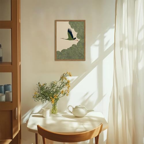 Japanese Crane Wall Art, Vintage Japan Bird Wall Decor Painting Rustic Green Flying Crane Poster Canvas Prints Picture for Bedroom Living Room Farmhouse 16x24 inch Wood Framed - color: Animal-L, size: 24"L x 16"W