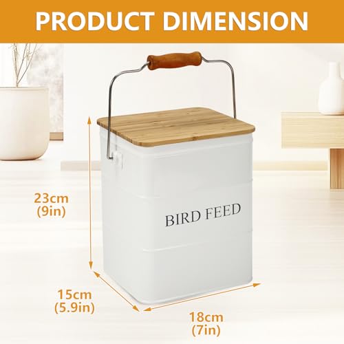 Morezi Bird Treat and Food Storage tin with Wooden lid and Scoop Included - White Powder - Carbon Steel - Birds Food bin - pet Food Container Storage Canister - color: White wood lid