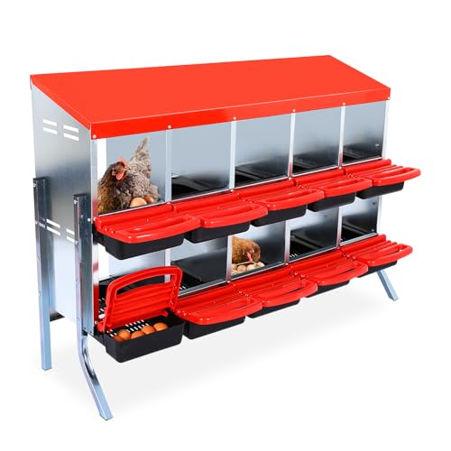 Nesting Box for Chickens, 10 Hole Chicken Nesting Box, Galvanized Steel Roll Away Nest Boxes with Lid Cover and Legs, Poultry Nest Boxes for Chickens Laying Egg, Red