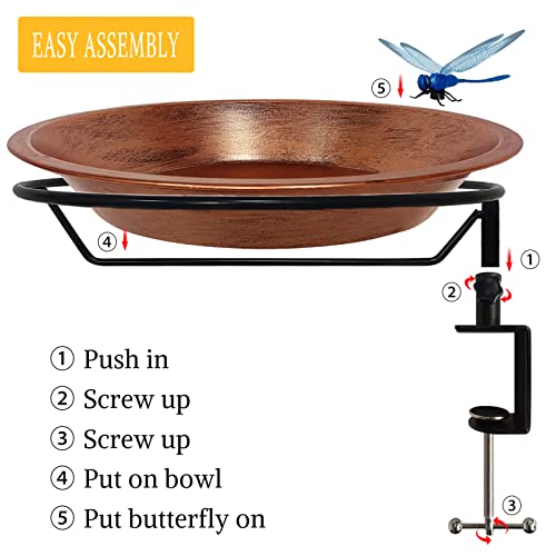 Deck Mounted Bird Bath for Outdoors, 11.5 Inches Metal Birdbath Bowl with Adjustable Steel Clamp, Antique Copper Deck Bird Feeder for Railing Balcony Fence Yard Art Garden Decor