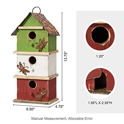 Glitzhome Bird Houses for Outside, 13.75" H Multicolored Three-Tiered Distressed Solid Wood Birdhouse Garden Hanging Bird House for Outdoors - color: 13.75"H Multicolored