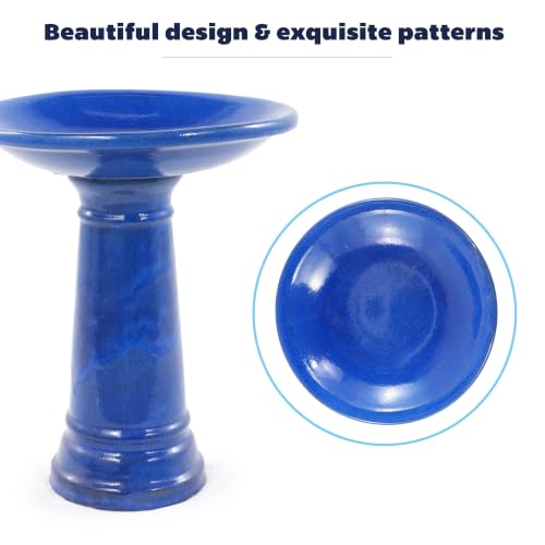 Ceramic Pedestal Bird Bath for Outside, 15 x 12 Inch, Sapphire Blue | Glazed Finish, Easy Twist-to-Lock Assembly - color: Sapphire Blue