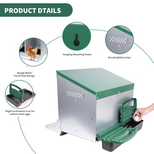 Chicken Nesting Box, 2 Holes Nesting Boxes, Heavy Duty Metal Laying Boxes, Roll Away Nesting Box Egg Collection Tray, with Roosting Pole for Chicken Coop(Green) - size: 22.0"L x 25.5"W x 18.5"H