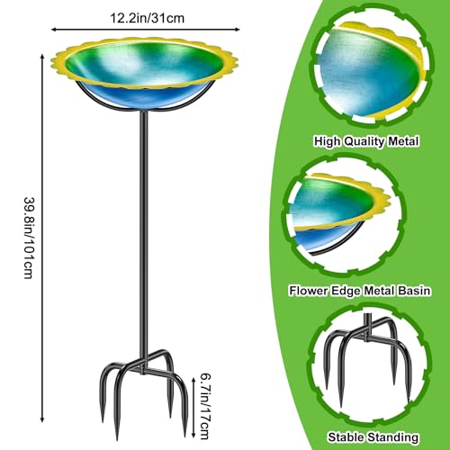 Metal Bird Bath for Outside, Garden Birdbath Bowl Freestanding Bird Feeders for Outdoors with 4 Prongs Base Stake, Standing Birdfeeders for Yard Lawn Decor (Blue Yellow) - color: Blue Yellow