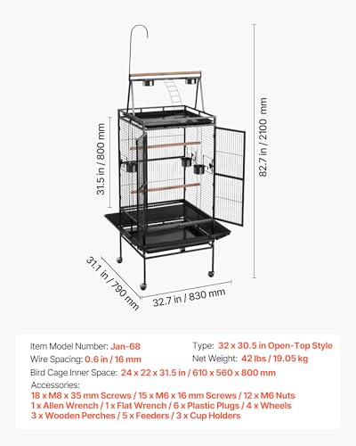 VEVOR Bird Cage, 32.7 x 31.1 x 82.7 inch, Open Flat Top, Wrought Iron Bird Flight Cage with Perches, Slide-Out Tray, Plastic Feeders, for Cockatiel, Monk Parakeet, Amazon Parrot, African Grey Parrot - size: 32.7"L x 31.1"W x 82.7"H