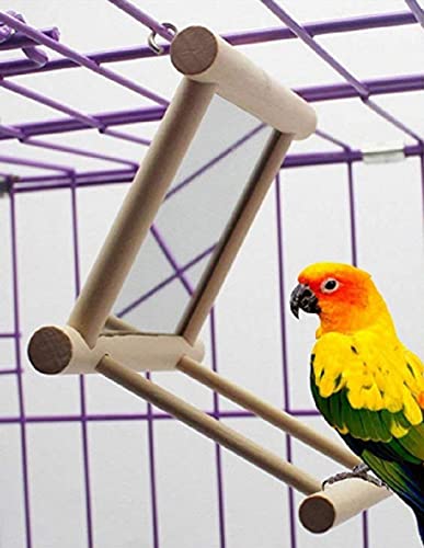 Birds Mirror for Cage,Parrot Hanging Swing with Mirror,Natural Wooden Play Mirror Pet Bird Cage Accessories with Metal Hook