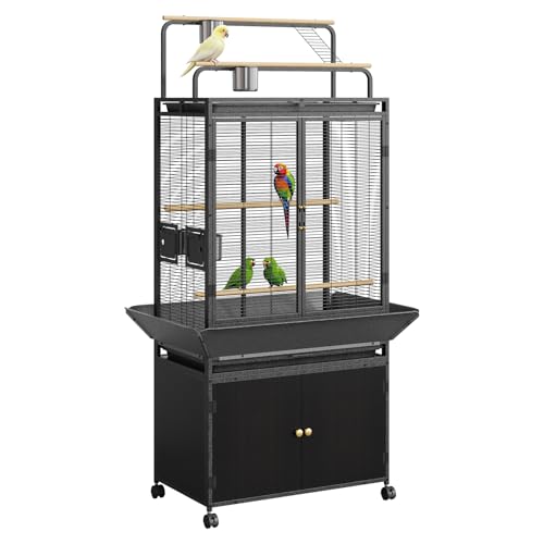Spacious Rolling Bird Cage with Play Top & Storage Cabinet,Sturdy Metal Flight Cage with Stand & Wheels,Indoor/Outdoor Use, for Parrot, Macaw, Cockatiel, Budgie